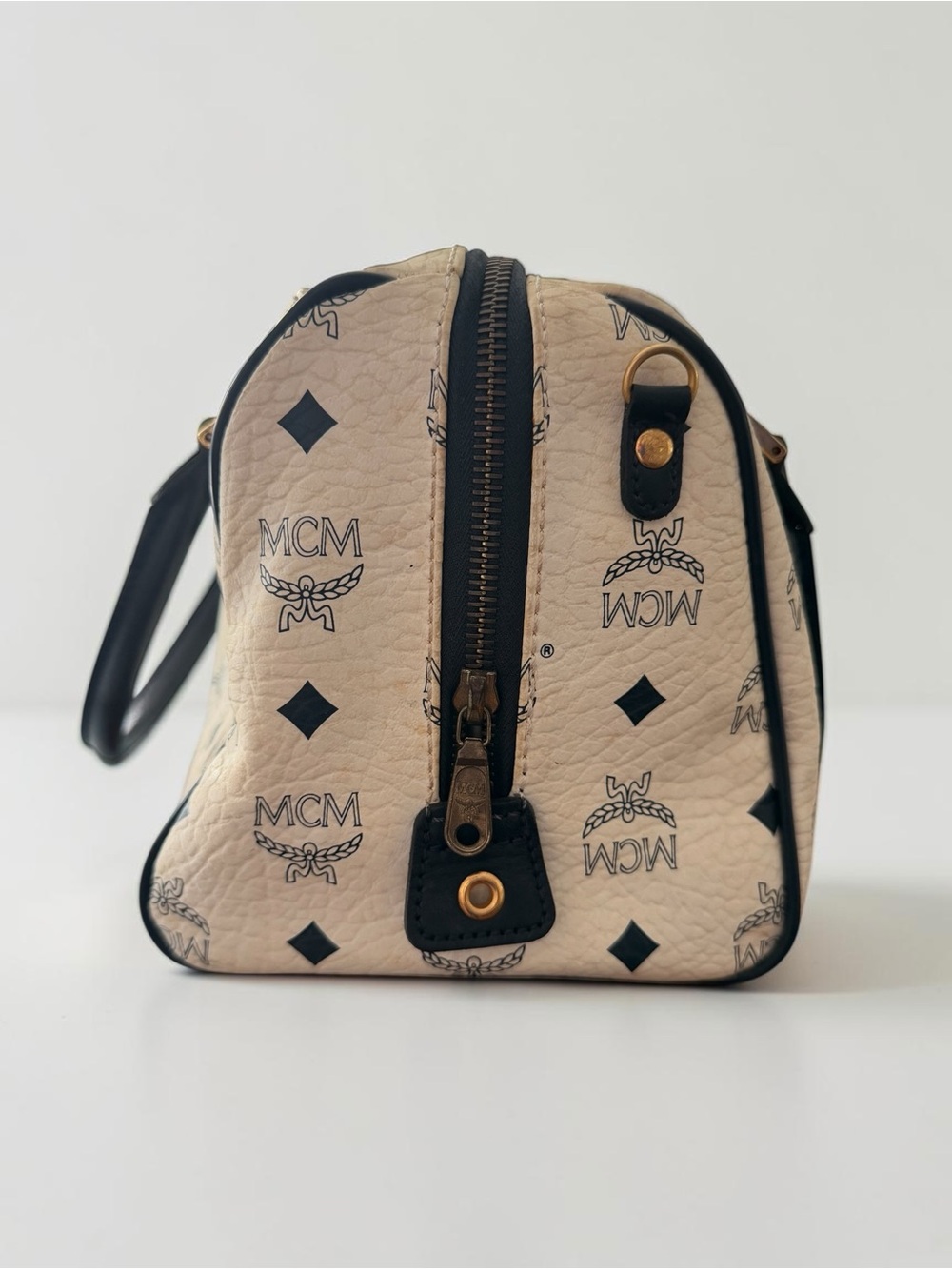 MCM Vintage Visetos Boston Satchel Ivory Black Monogram Top Handle Bag - Picture 3 of 11
